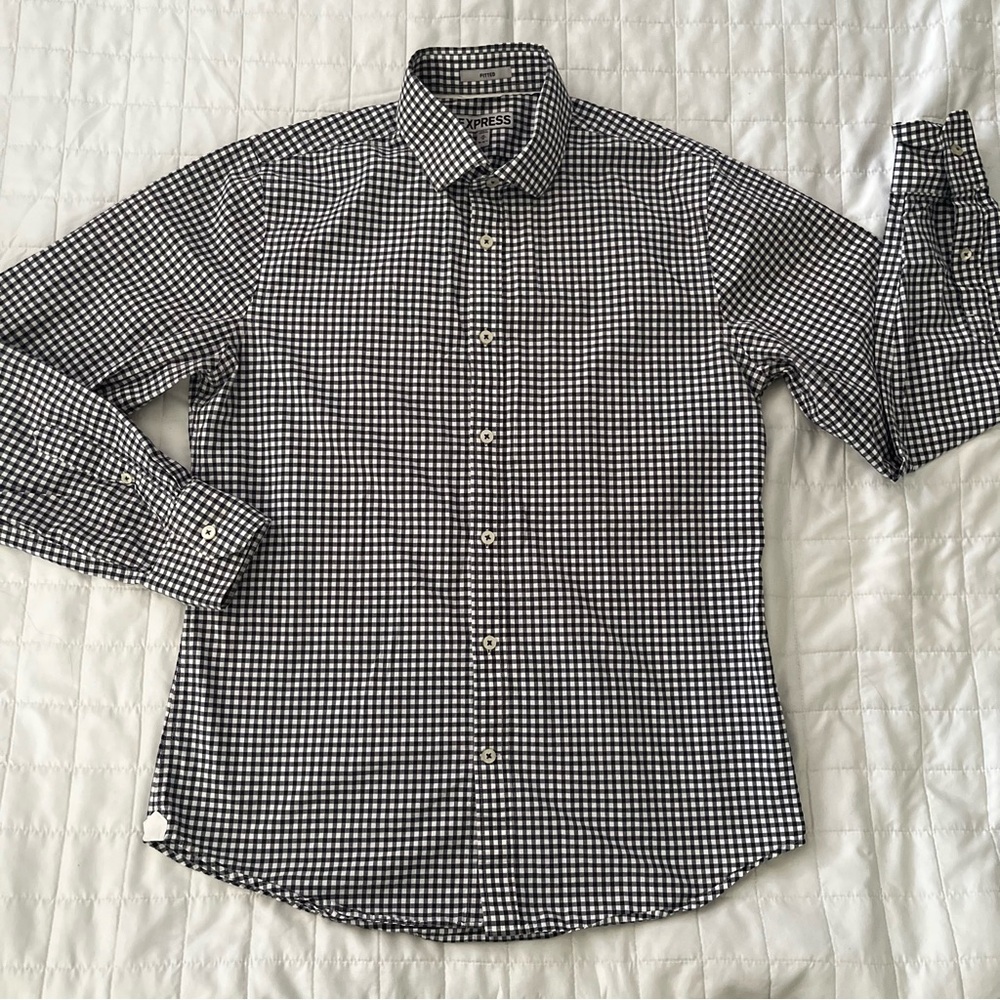 Express Fitted Gingham Dress Shirt Fitted Long Sleeve Button Down Black/white M